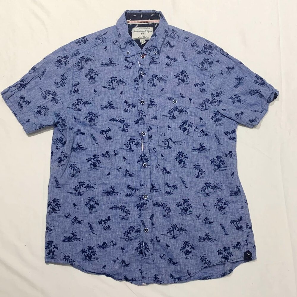 International Report Mens Button Down Short Sleeve Shirt Blue Palm Trees Beach